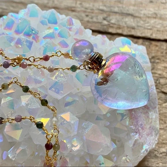 Aura Quartz Crystal bottle Necklace 18K Gold Plated Brass Rosary Chain New in bx - Picture 5 of 10